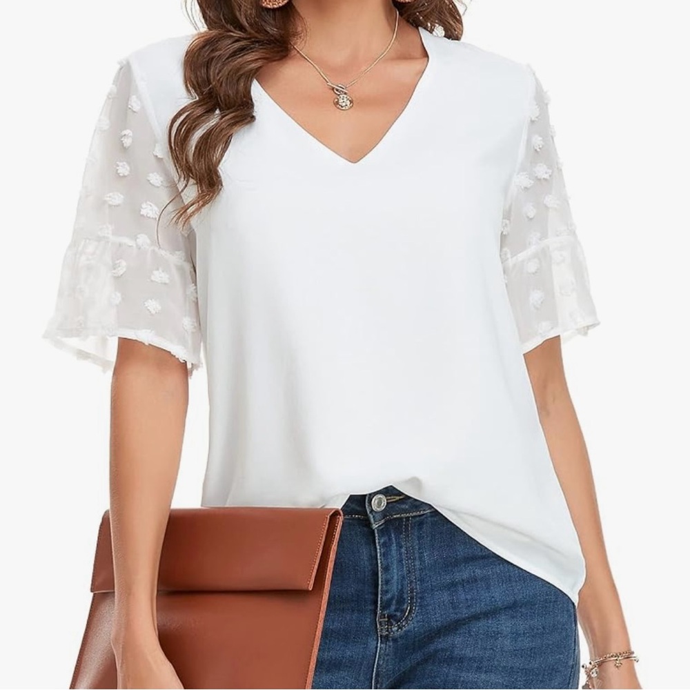 Goory White Swiss Dot Short Sleeve Blouse XL New